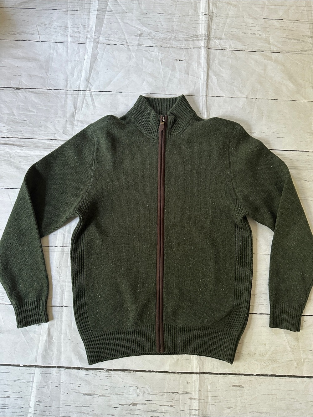 Orvis Olive Green speckled Full-Zip Mock Collar Sweater fisherman  wool/cashmere